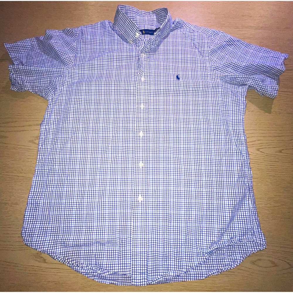 Polo Ralph Lauren Shirt Mens Large L Blue White Check Gingham SS Button